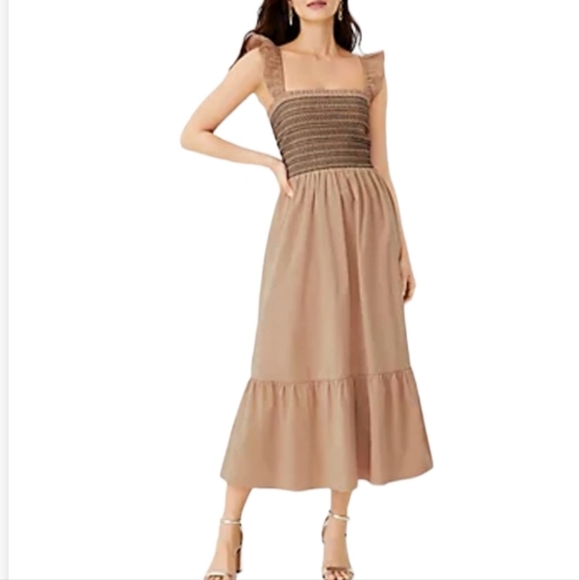 NEW! ANN TAYLOR Embroidered Smocked Ruffle Shoulder Midi Dress XL. - Picture 1 of 6